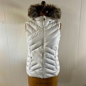 EDDIE BAUER DOWN PUFFER VEST WITH FUR-TRIMMED HOOD